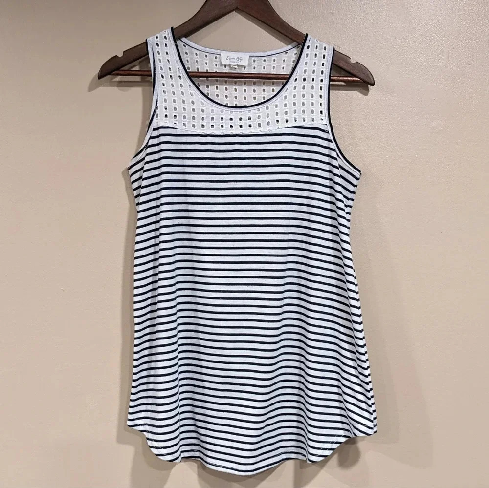 Siren Lily White & Navy Striped Crochet Yoke Tank Top